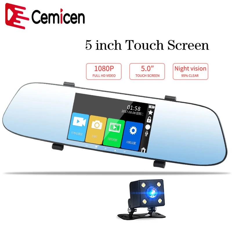 Cemicen 5 дюймовый Full HD 1080P видеорегистратор зеркало заднего вида с сенсорным экраном