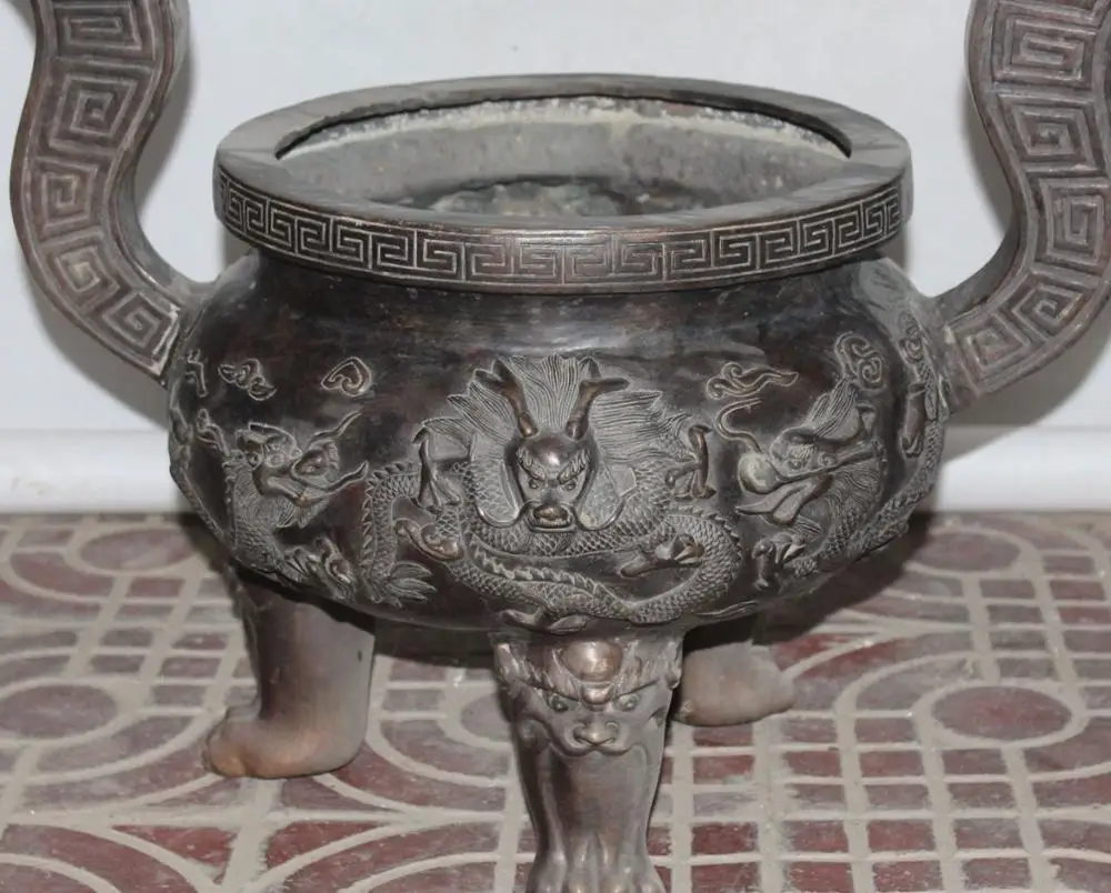 

22" Marked China Bronze 3 Foot Dragon Dragons Loong Statue Incense Burner Censer