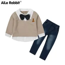 Комплект одежды для мальчиков, топ с длинными рукавами и галстуком-бабочкой, джинсы комплект из 2 предметов, детская одежда для мальчиков, модная одежда с рисунком медведя