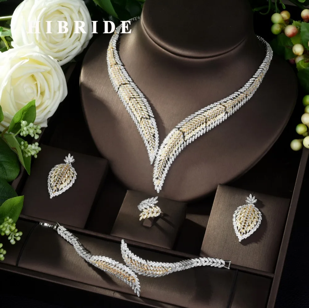 

HIBRIDE African 4pcs Bridal Zirconia Jewelry Sets for Women Party Luxury Dubai Nigeria AAA CZ Crystal Wedding Jewelry Sets N-976