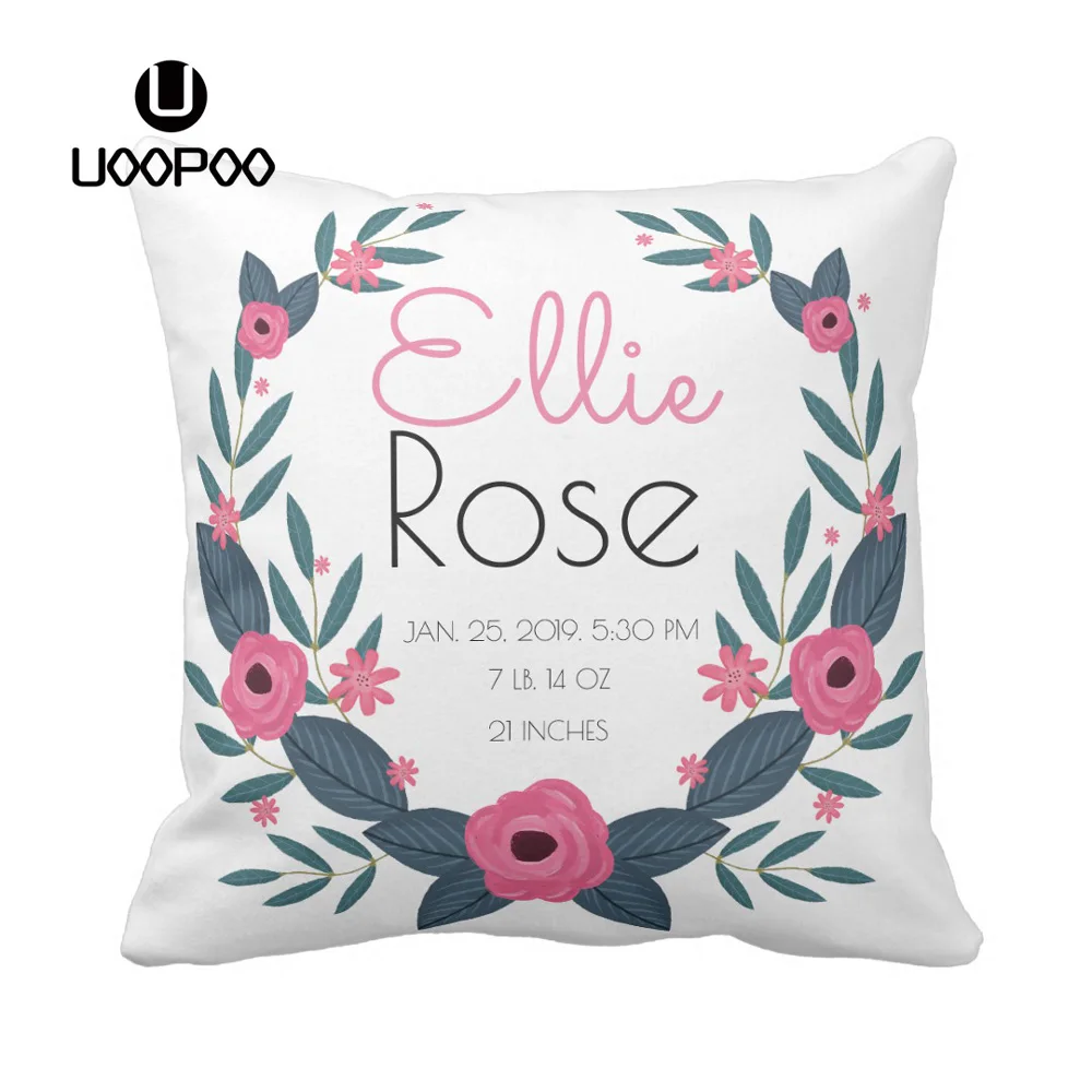 

Custom Baby Pillow Cover Girl Birth Square Wreath Flower Pillow Case Printed Polyester Canvas Decorative Sofa Cushion Covers