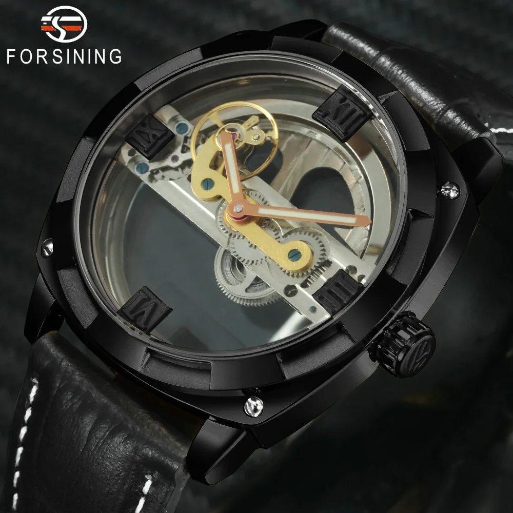 

FORSINING Royal Golden Bridge Auto Mechanical Watch Men Genuine Leather Strap Squar Dial Unique Top Brand Luxury Wristwatches