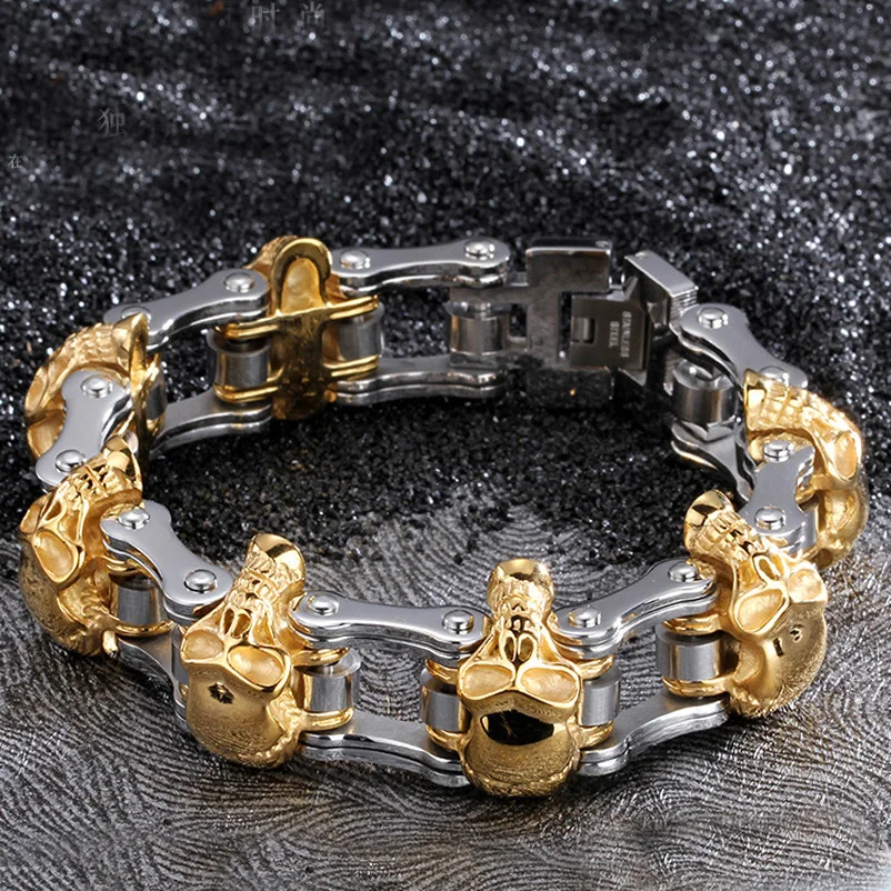 

Top Design Heavy Stainless Steel Silver Color And Gold Tone Punk Skeleton Skull Motor Chain Bracelet Bangle Men Gift 8.66'' 18MM