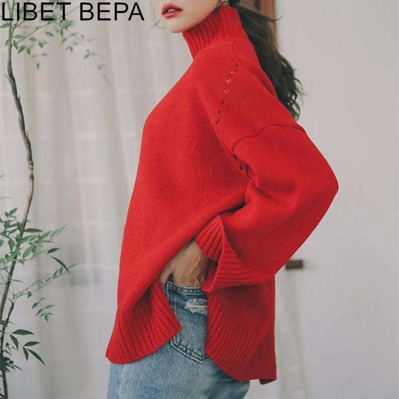 New 2019 Autumn Winter Women Sweater Pullovers Turtleneck Spilt Hollow Out Mori Girl Casual Knitting Loose Top SW9763 | Женская одежда