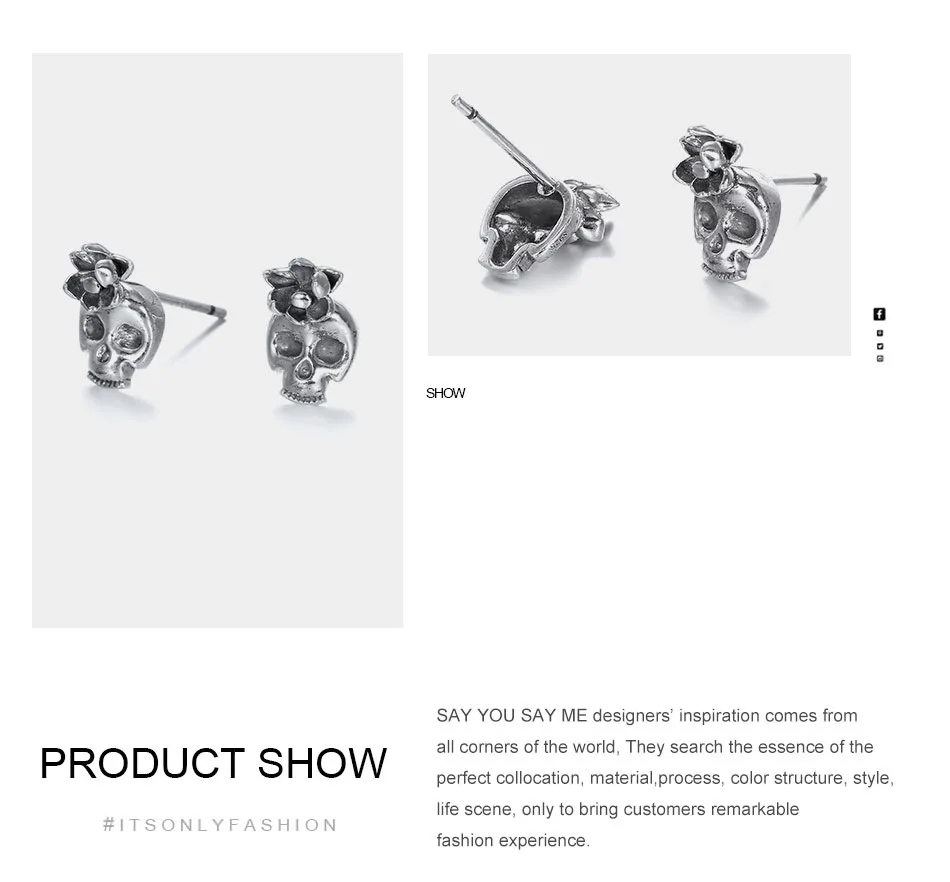 T10-925-Sterling-Silver-Stud-Skull-Earrings-Say-You-Say-Me-Vintage-Antique-Silver-Party-Elegant-Prevent