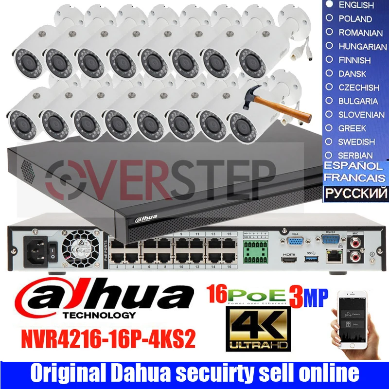 Dahua оригинальный 16CH 3MP H.264 IPC HFW1320S 16 шт. Пуля IP камеры безопасности POE DAHUA DHI NVR4216 16P 4KS2