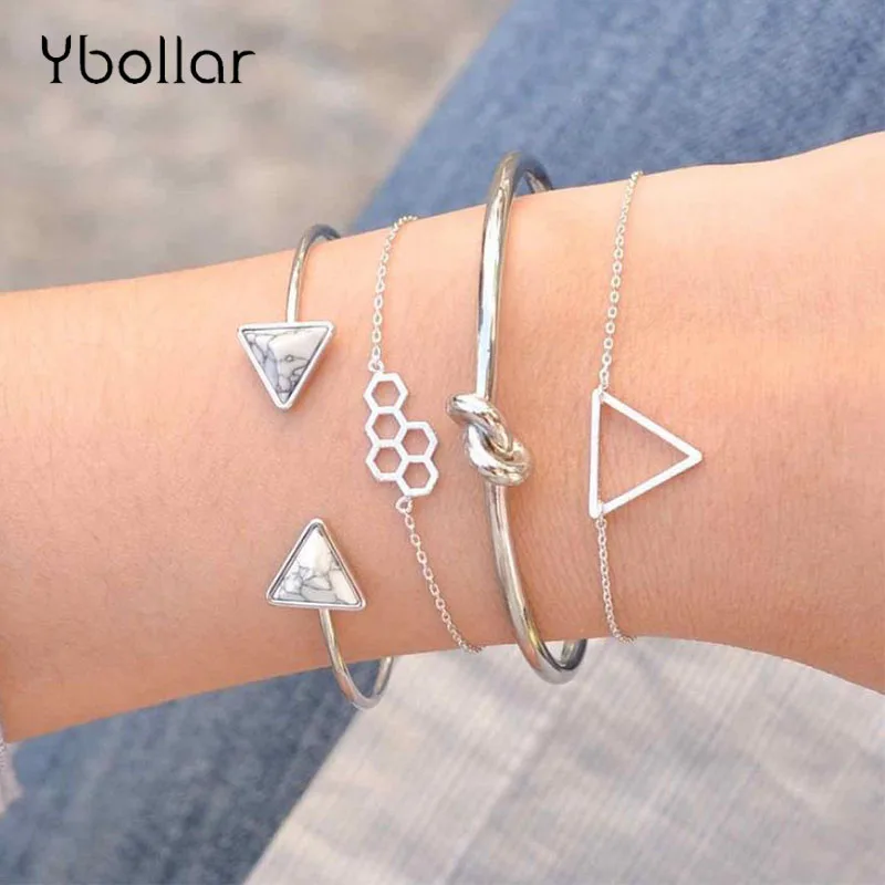 

4pcs/Set Retro Triangle Stone Knot Honeycomb Chain Bracelet Bangles Set Women Adjustable Female Charms Jewelry Gift