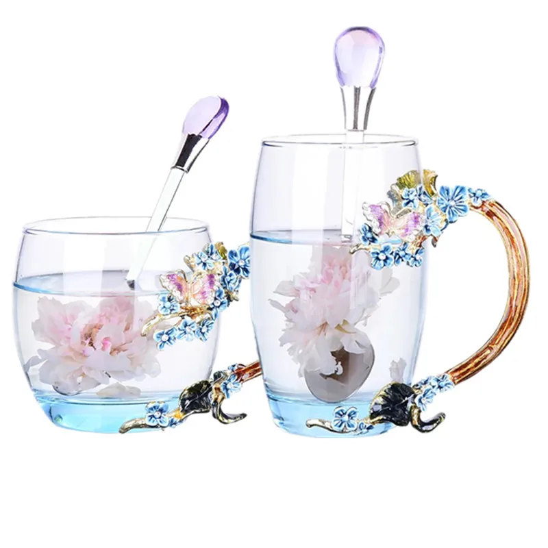 Цветные эмалированные стеклянные кофейные кружки сливы чашки и кружки с ложкой рукоятки креативная Европейская посуда для напитков