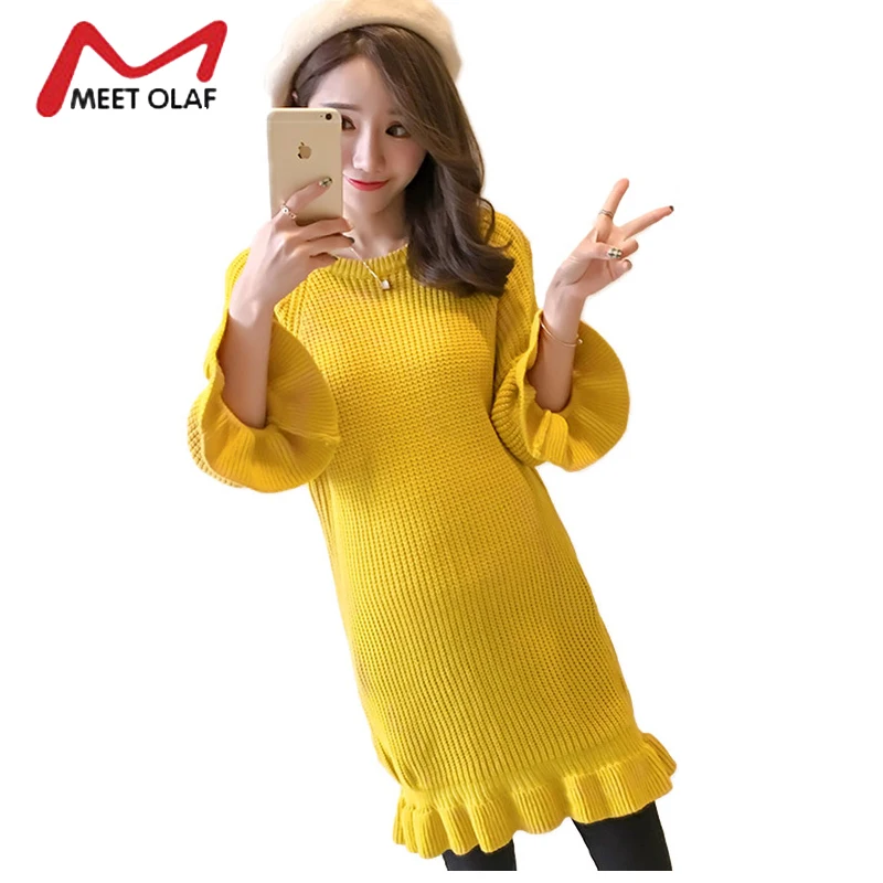 

2017 Women Winter Autumn Dress Black Knitting Warm Loose Ruffles Sweaters Casual Female Pregnant Knitted dresses vestidos Y1714