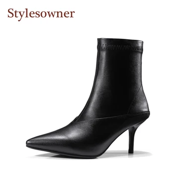 

Stylesowner Small heel pointed toe sexy boots side zipper kitten high heel ankle bootie elastic autumn winter real leather shoe