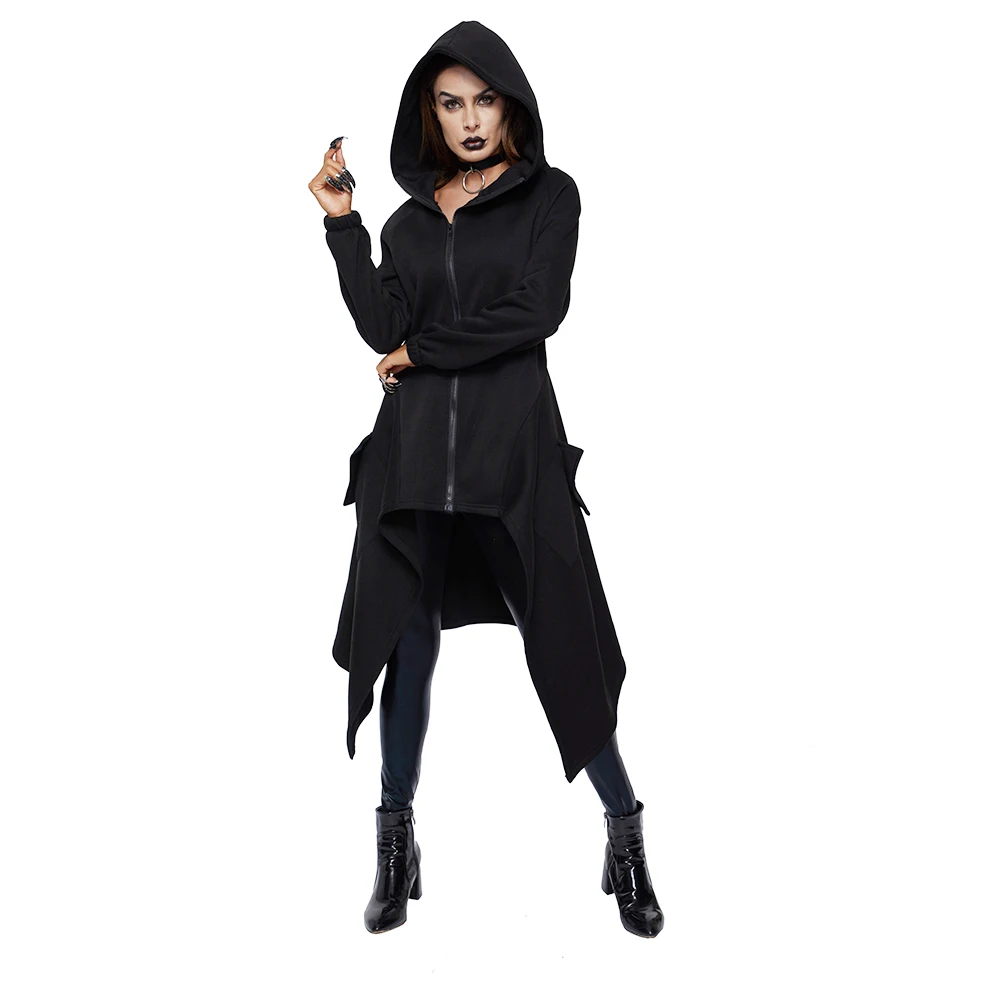 

Trench Coat Women Plus Size Winter Thicken Fleece Warm Goth Fashion Asymmetric Long Overcoat Gray Hooded Street Casual Outerwear