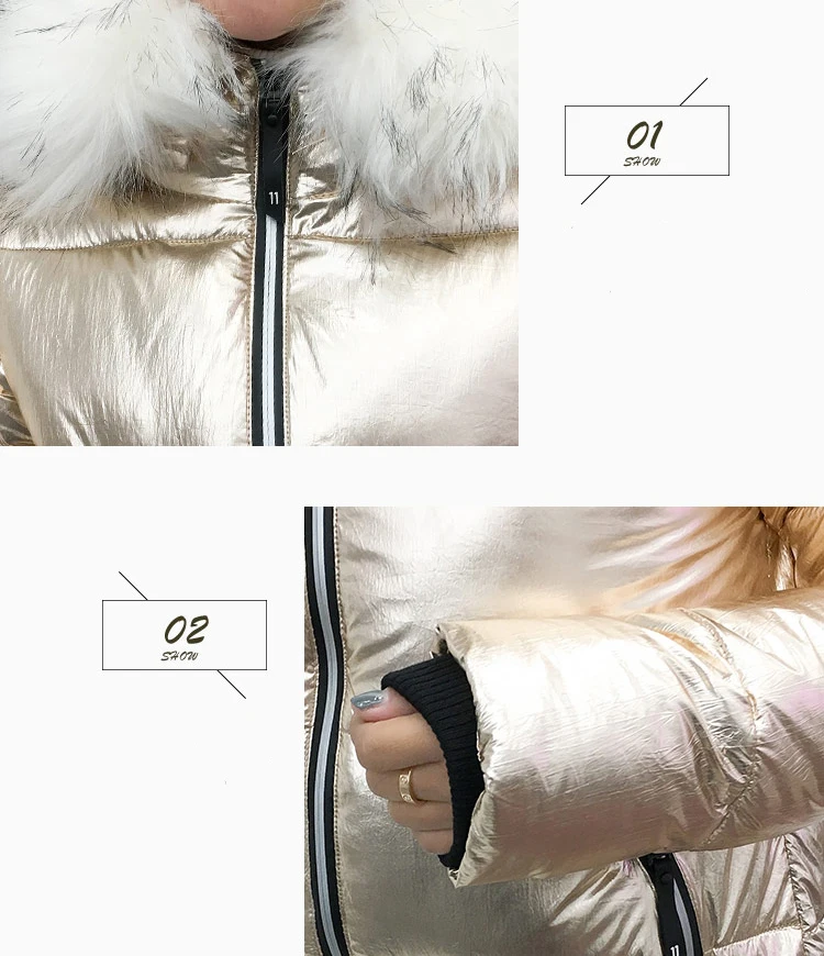 Серебряный женский пуховик с меховым воротником, женский серебряный пуховик средней длины, теплое пальто для женщин, высокое качество, куртка с капюшоном