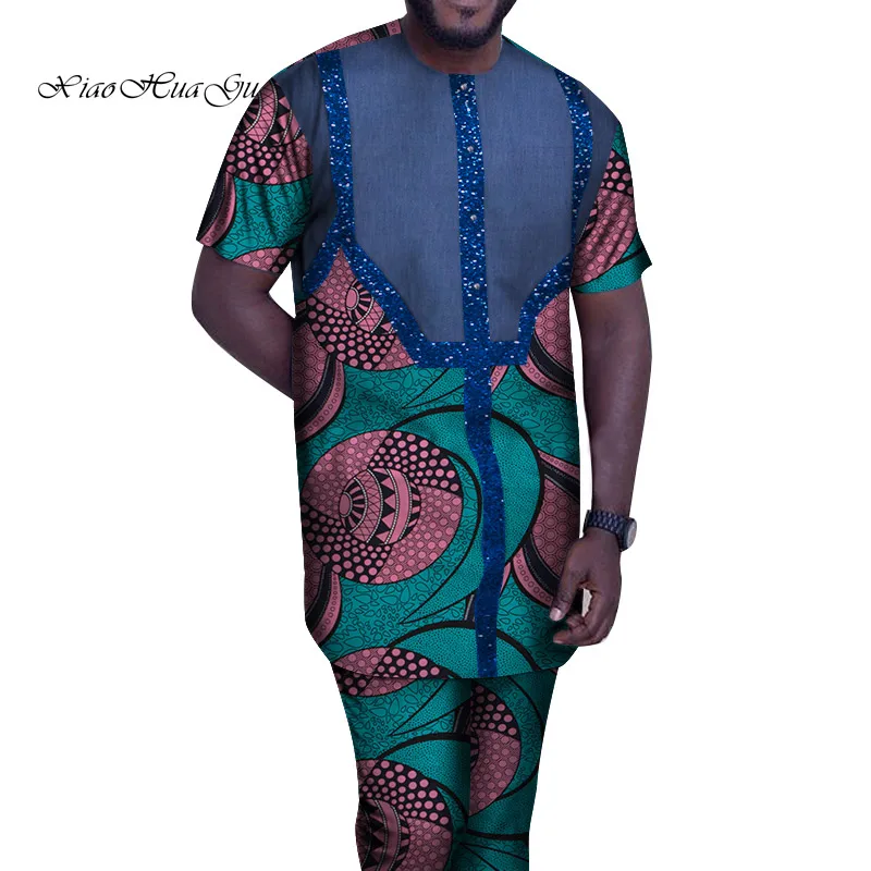 Африканский принт рубашки+ брюки Мужской комплект одежды короткий рукав топ с брюками 2 шт. наряды Мужская Свадебная одежда индивидуальные WYN940 - Цвет: 15