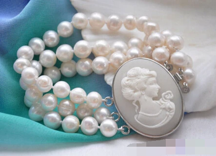 

free shipping 01136 3row 8" WHITE ROUND FRESHWATER PEARL BRACELET