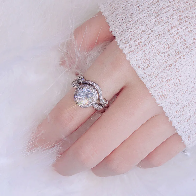 

2 pieces / set of classic shield inlaid round high quality zircon charm ring fashion girl wearing top jewelry party CZ gift