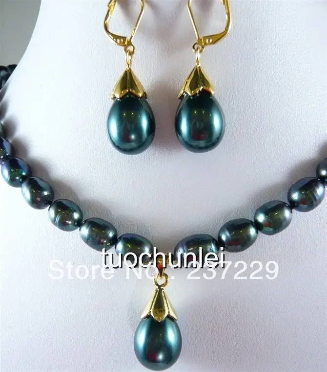 

Wholesale price FREE SHIPPING ^^^^Excellent Peacock Green Color Pearl Necklace Dangle Pendant Earring Jewelry Set