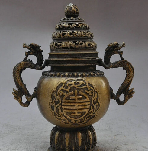 

bi002455 11" Folk Chinese Bronze Dragon Statue Buddhist Temple Incense Burner Censer