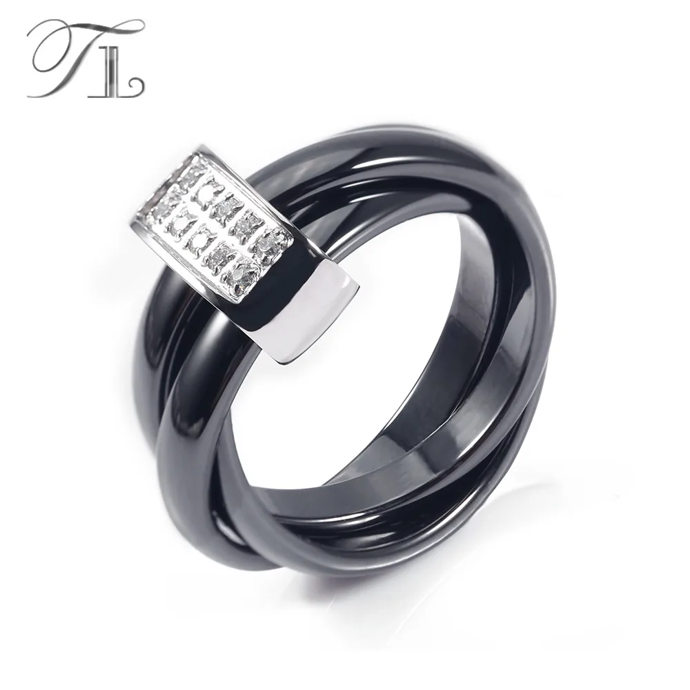 

TL 2017 New Ceramic Rings Three Rings Crossing Black&White Fashion Cubic Zircon Cabochon Special Pure Ceramic Rings For Women
