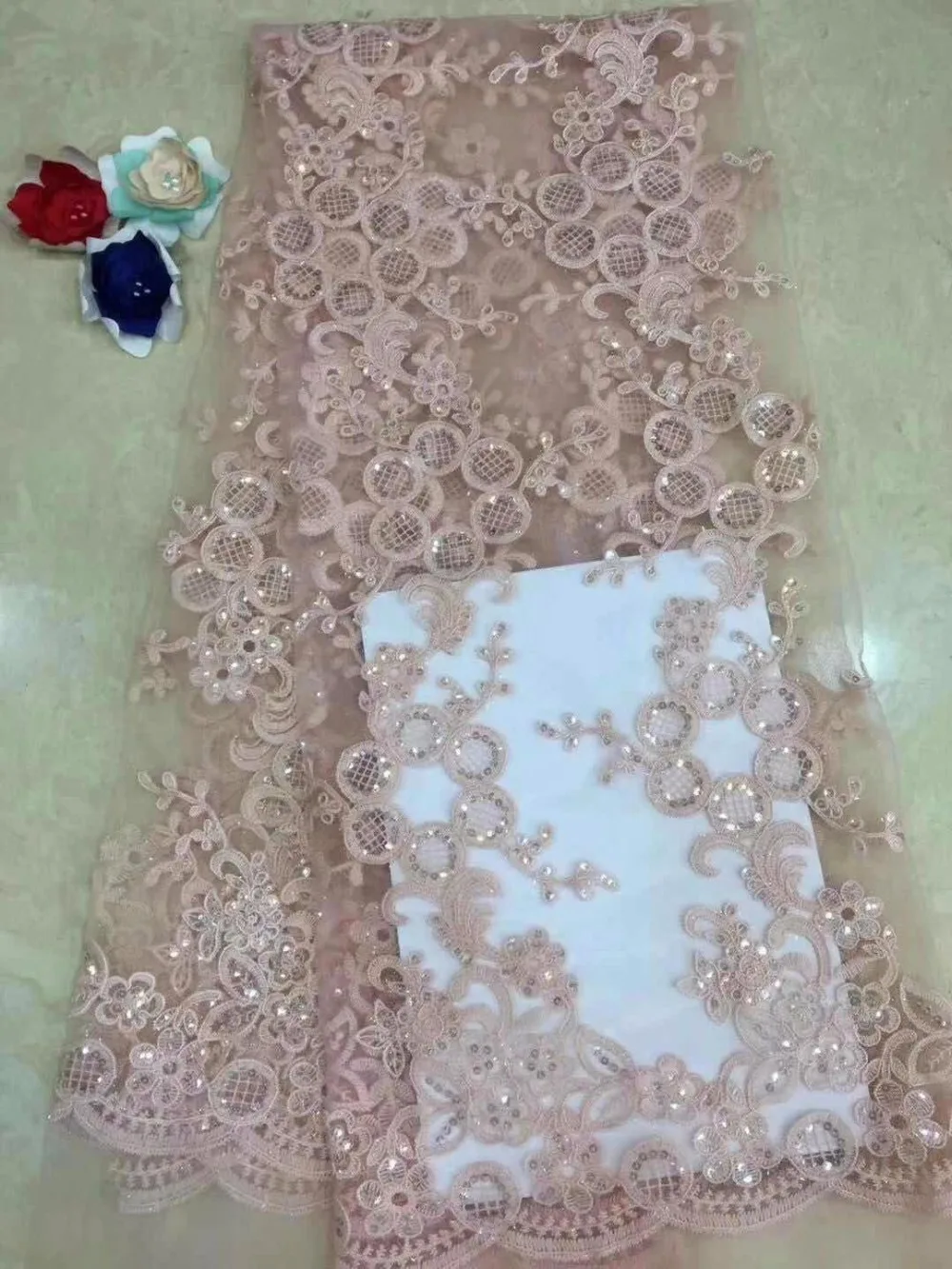 

ree shipping (5yards/pc) shining sequins embroidered African beads lace fabric in navy blue high quality for party dress pink(12