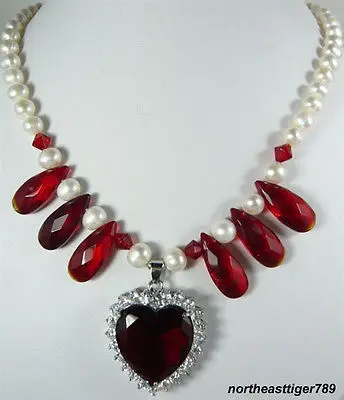 

Hot sale Free Shipping>>>Real White Pearl Red Cubic Zirconia Ruby 18KWGP Crystal Heart Pendant Necklace