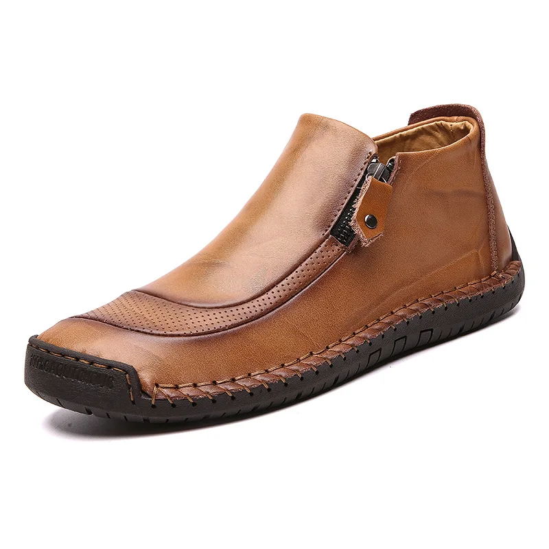 Новое поступление; мужская повседневная обувь; сезон осень-зима; хлопковые ботинки; модная теплая обувь из натуральной воловьей кожи с плюшем; большие размеры - Цвет: Light brown