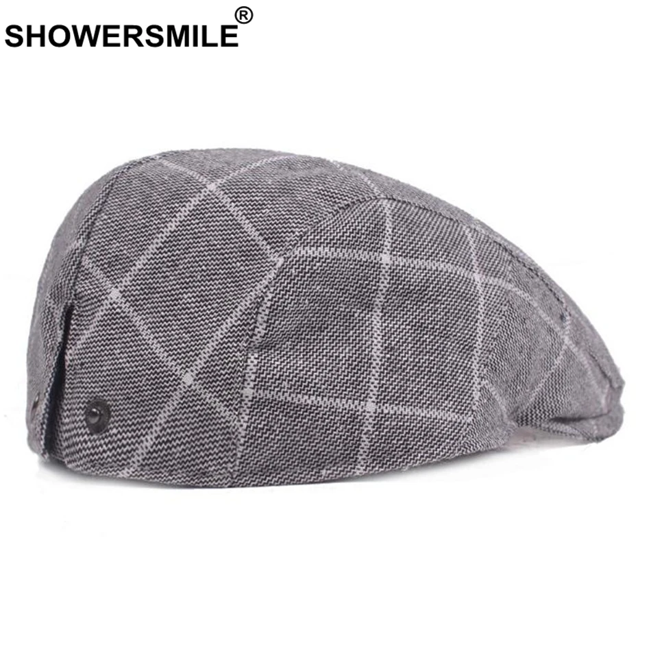 SHOWERSMILE Men's Blue Berets Plaid Adjustable Cotton Flat Cap Male Summer Autumn Classic England Breathable Duckbill Hat New mens berets for sale