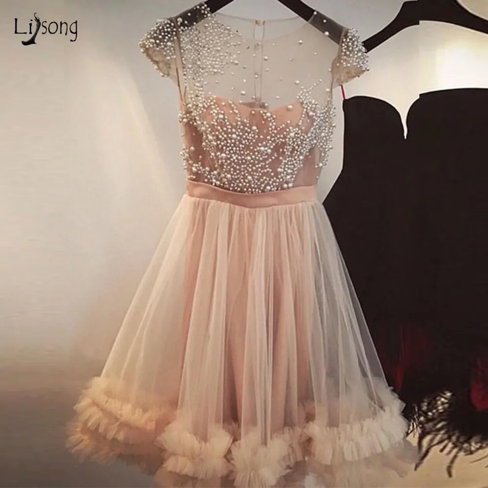 

Blush Pink Pearls Tutu Knee Length Cocktail Dresses 2019 Ruffles Beaded Prom Gowns Illusion O-neck Girl Formal Party Dress
