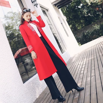 

Top Quality Brand Chinese Style 2018 Winter Long Wool Coat Women Lurex Embroidery Single Breasted Wool Blend Coat Overcoat Femme