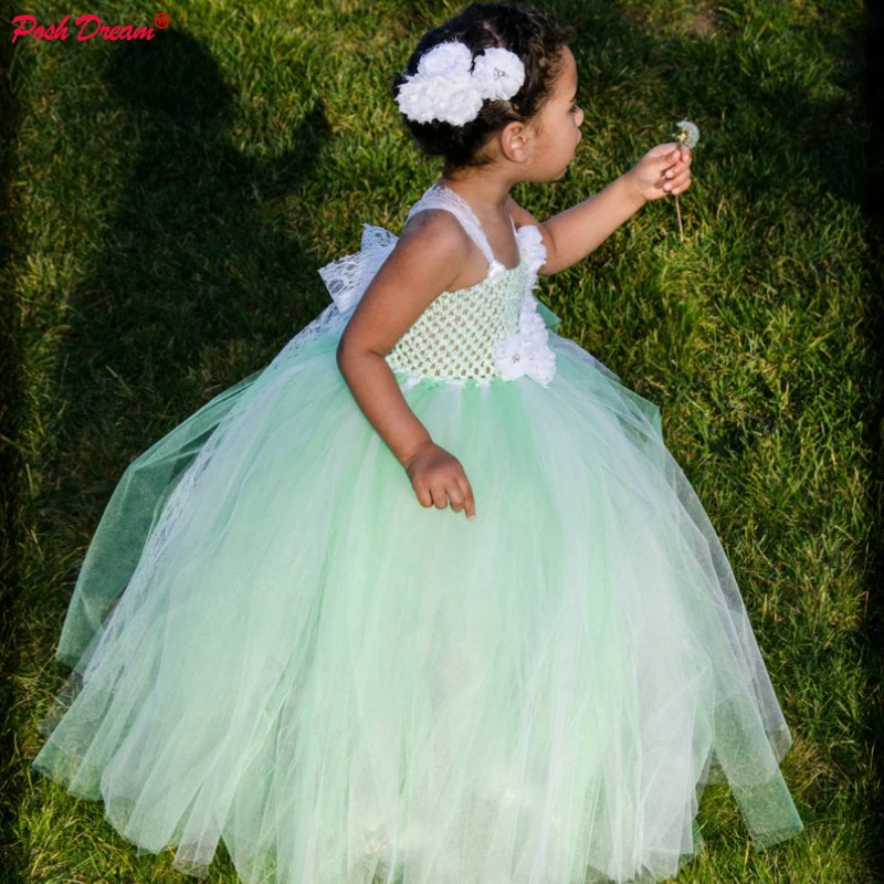 

POSH DREAM Mint and White Fancy Tulle Kids Girls Tutu Dress Mint Green White Lace Flower Infants Toddlers Baby Girls Dresses