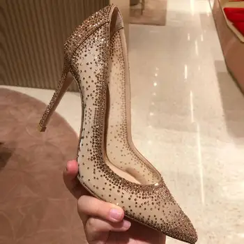 

Nude High Heels Wedding Shoes Bridal Womens Pumps Mesh Rhinestone Bling Stilettos 12/10/8cm Pointed Toe Ladies Shoes Sexy