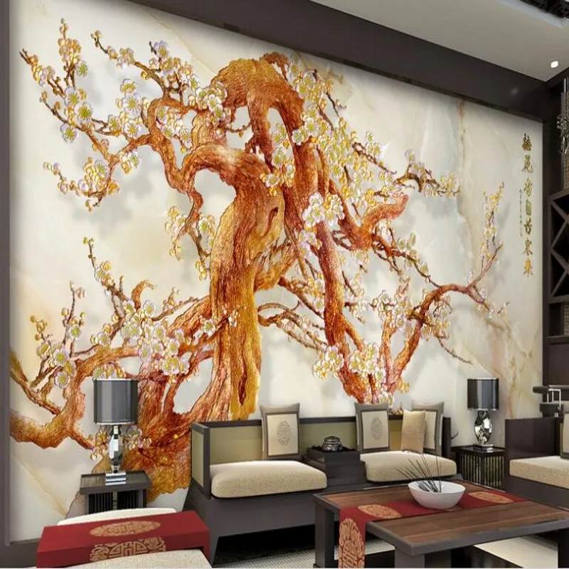 

wellyu Custom large - scale murals Cai Diao imitation color carving plum living room TV backdrop wallpaper papel de parede