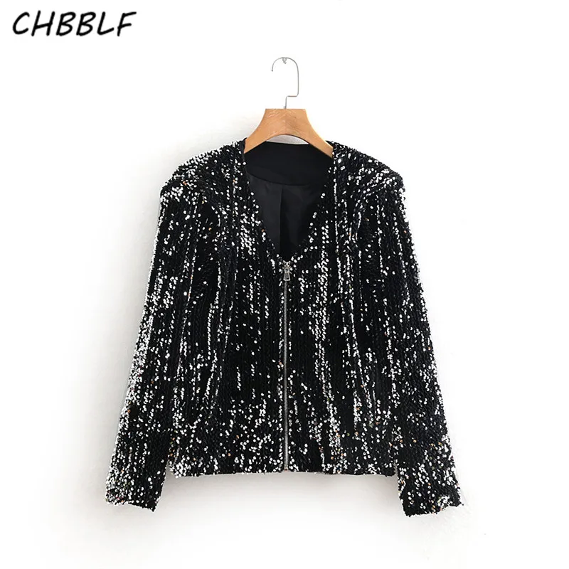 

CHBBLF women sequins jackets long sleeve V neck coats female casual outerwear fashion tops XDN9385