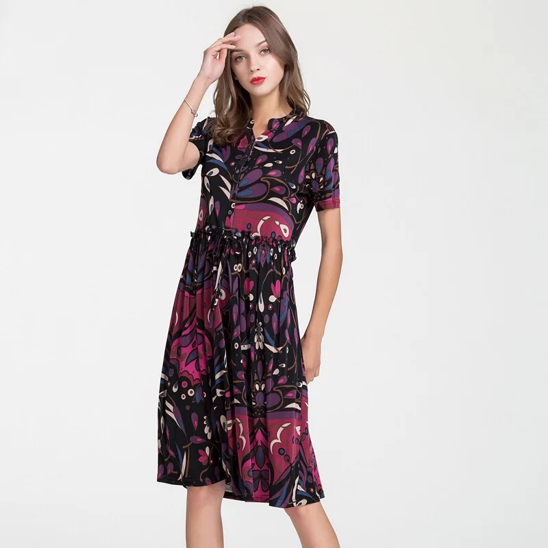Новое модное летнее женское платье Шелковый платье с V-образным вырезом Длиной до середины икры со средней талией Шелковое свободное элегантное платье OL 9011 - Цвет: Color2