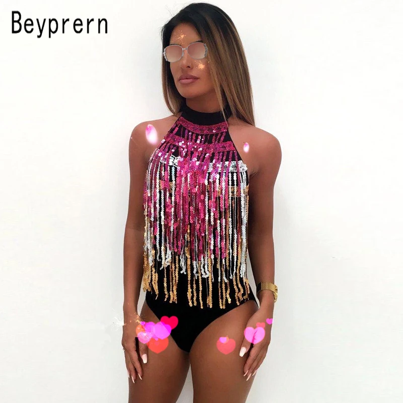 

Beyprern Glitter Goddess Fringe Bodysuit Summer Womens Sexy Music Festival Sequins Tassel Short Jumpsuit Overalls Clubwear