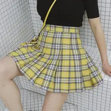 Весна Лето Харадзюку сладкий панк стиль большой размер высокой талией желтый и зеленый клетчатый сексуальный А-образный Мини Короткая юбка