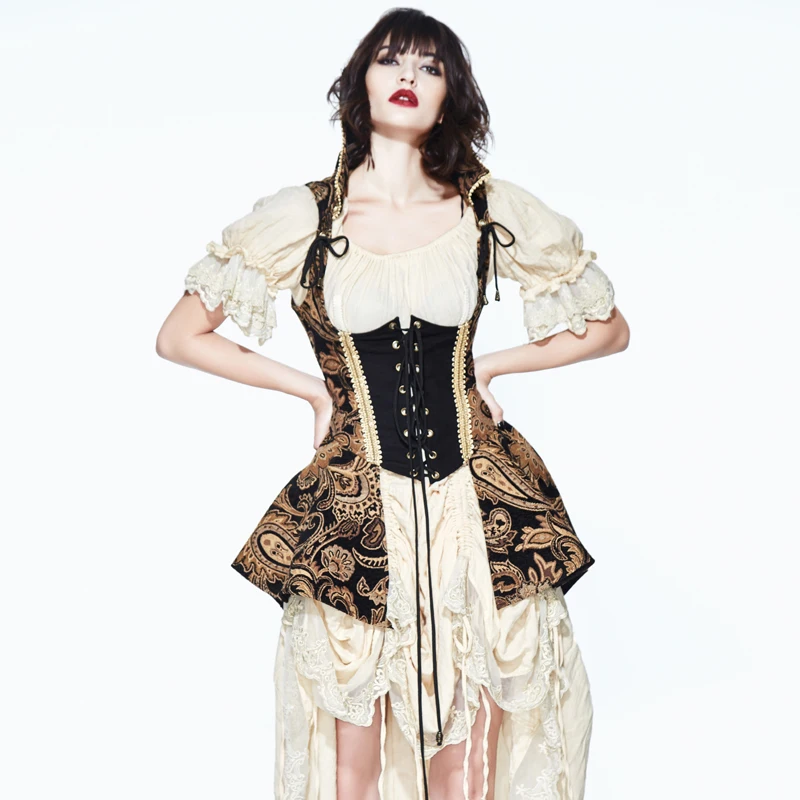 Gothic Brown With Gold Stand Collar Vest Ladies Steampunk Sexy