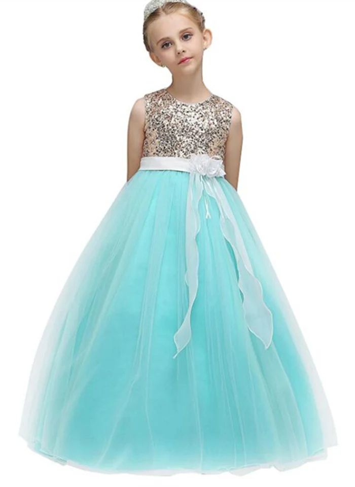 Длинное платье принцессы с блестками и цветочным рисунком для подростков, Детская праздничная одежда, одежда для первого причастия для