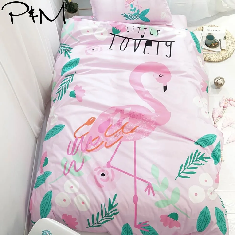 

2019 Cartoon Pink Flamingo INS Bedlinens Twin 3pcs Duvet Cover Set Cotton Fabric Bedding Set Flat Sheet Pillowcases