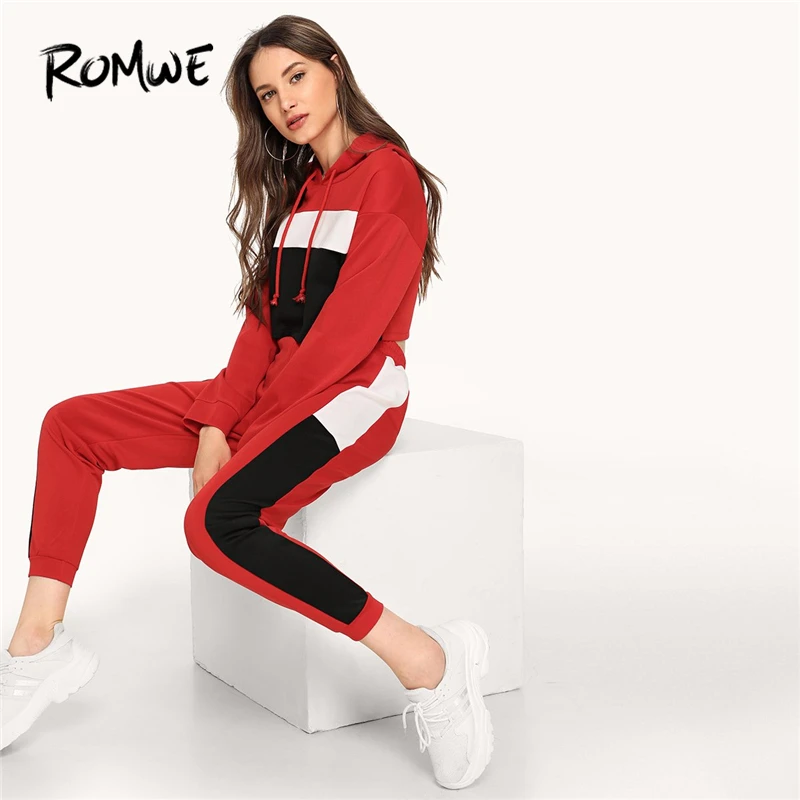 Romwe Sport Red Long Sleeve Colorblock Hooded Pullover Women Jogging Suits 2018 Sportswear
