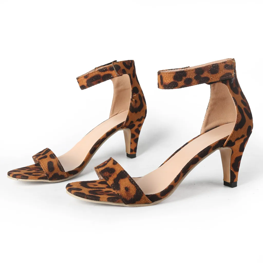 

2019 Women Flock Square Heel Sandals Leopard High Heels Buckle Strap Female Ladies Fashion Woman Sandal Shoes Girls Plus Size