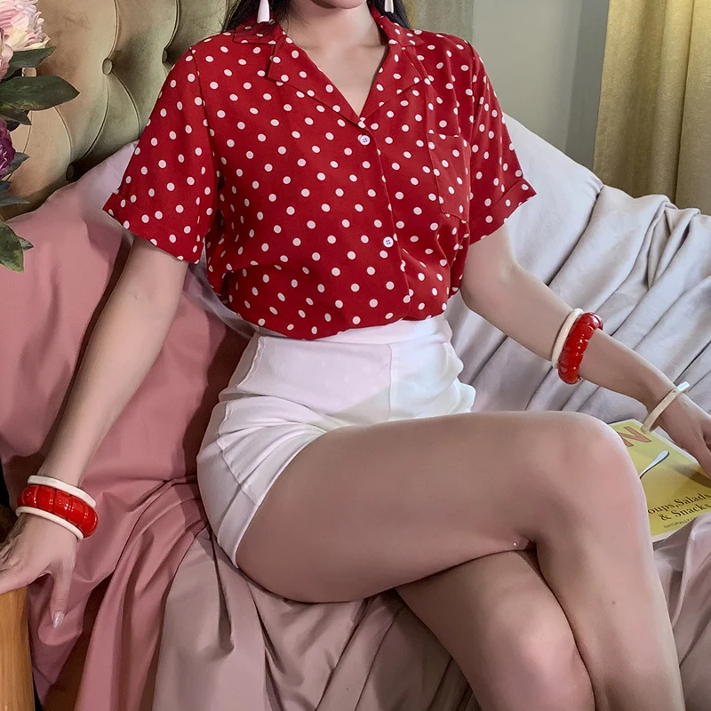 

2019 Summer Vintage Loose Type Women Shirt Color Block Polka Dots Cool Fabric Blouse One Size Fits All