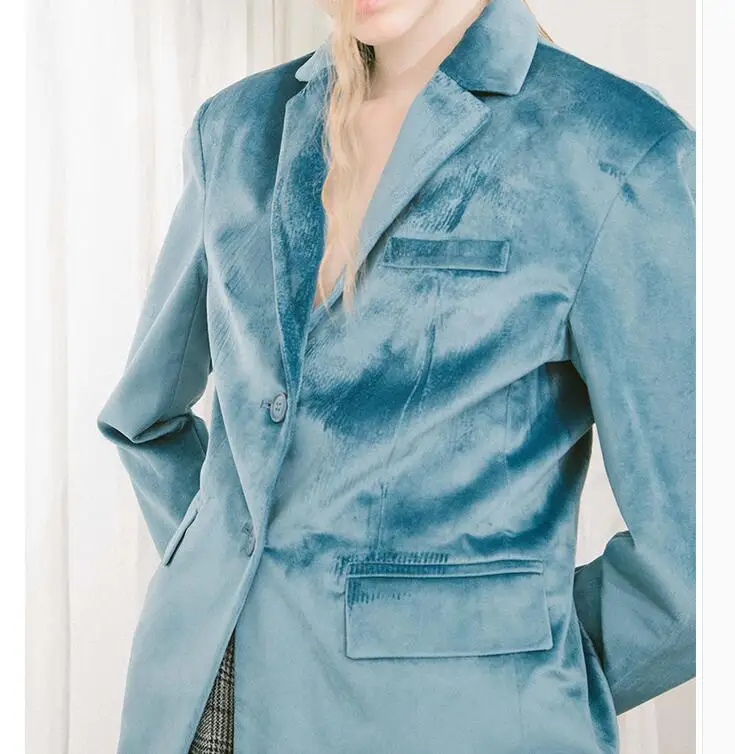 KoHuiJoo для женщин бархатный блейзер куртки 2019 Весна синий однобортный сзади кружево до модный костюм Пиджаки для дамы элегантный