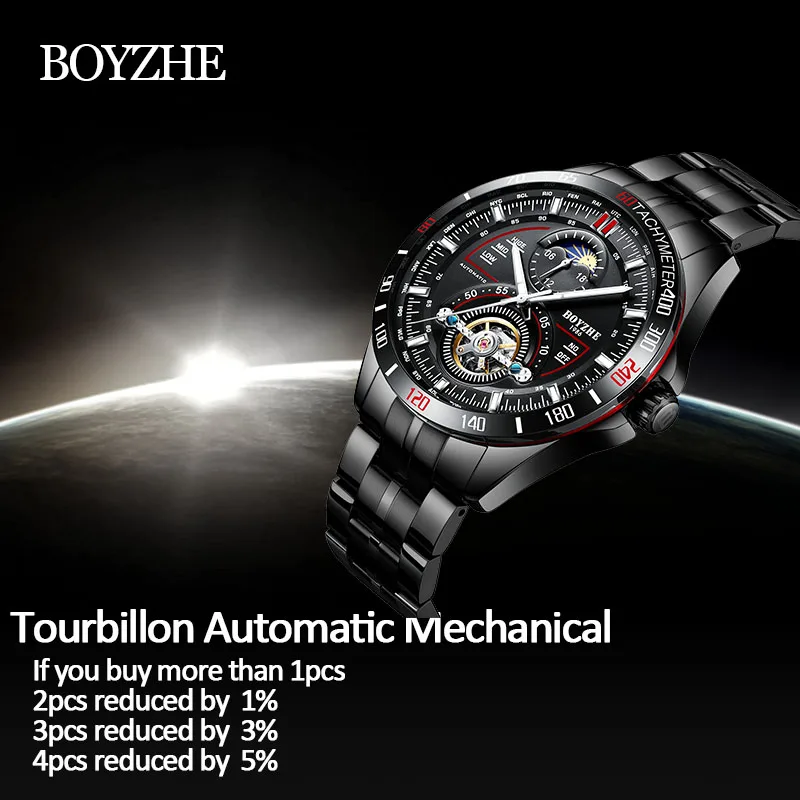 BOYZHE hombres automático mecánico moda superior marca deporte relojes Tourbillon Luna fase reloj de acero inoxidable - 2