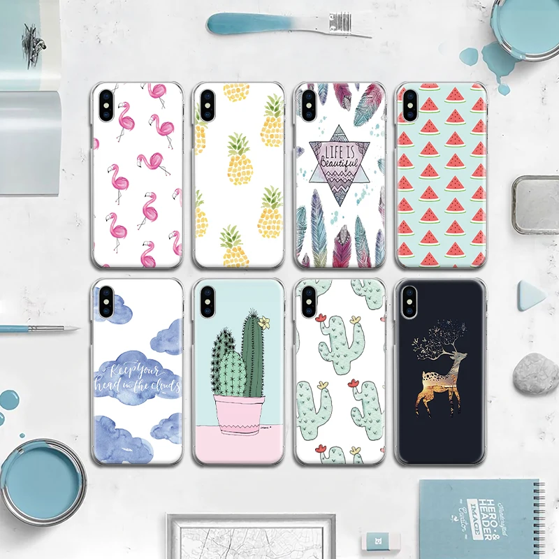 

For iPhone XS Max 6 6S 7 8 Plus Plastic Back Cover Summer Lovely Pineapple Flamingo Cactus Pattern Hard Cases Phone Case