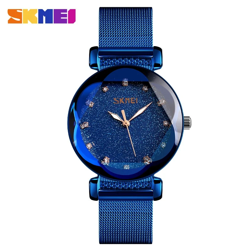 SKMEI Fashion Casual Ladies Watch Women Quartz Wristwatches Stainless Steel Wristband Waterproof Quartz Watches reloj mujer 9188 - Цвет: Blue steel belt