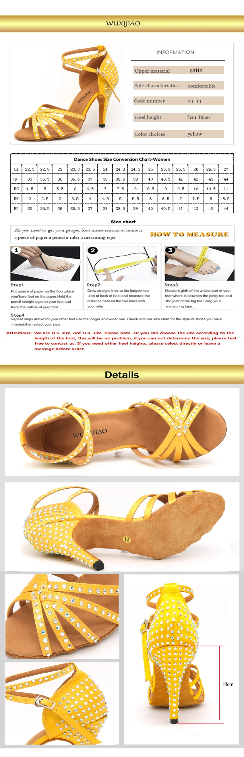 WUXIJIAO New yellow satin Latin Dance Shoes For Woman Ballroom Dancing Shoes Salsa Performance Dance Shoes heel 5cm-10cm