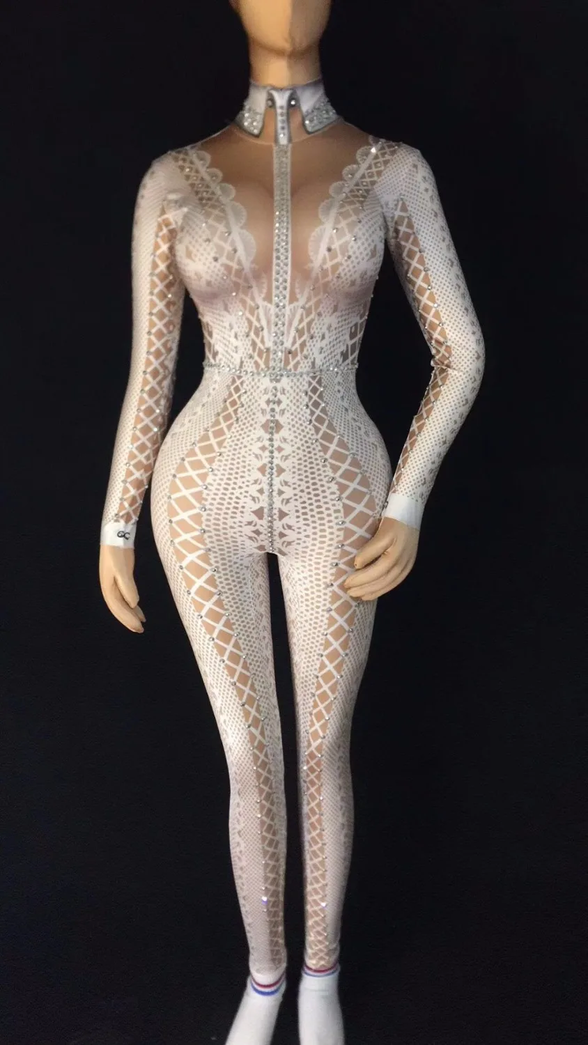Yellow Black Or White Printed Rhinestones Jumpsuit Stretch One Piece Nightclub Singer Dancer Women's Party Wear Sexy Bodysuit