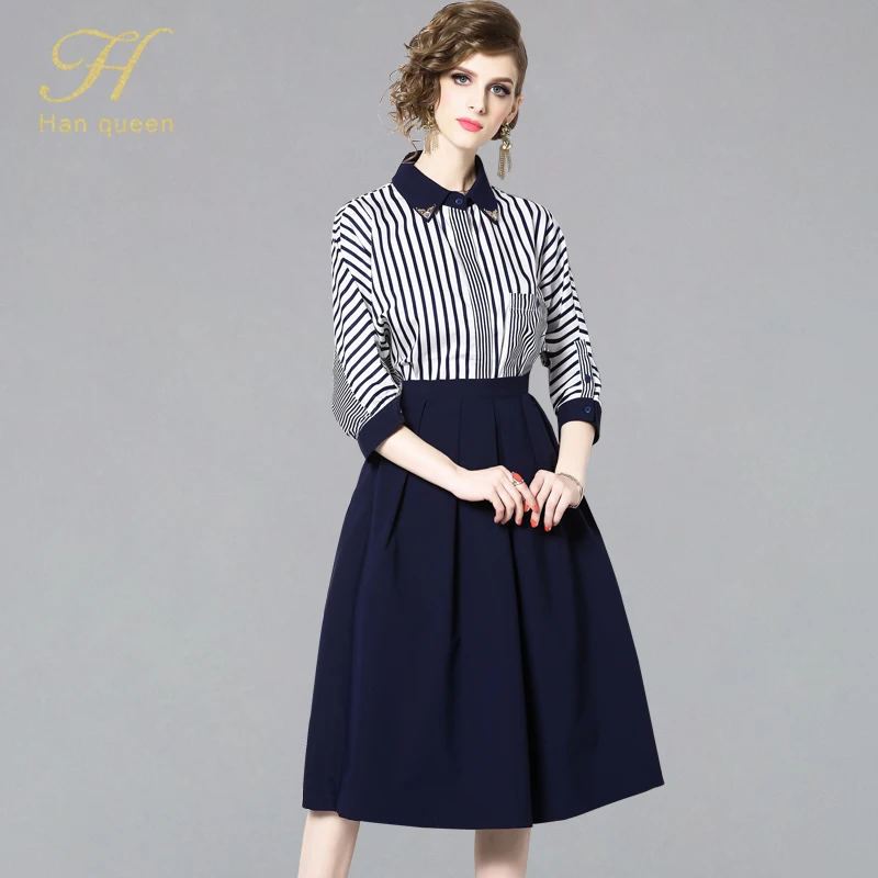 

H Han Queen New 2 Pieces Dress Women Slim Fashion Stripe Work Casual Sexy Long Dresses Elegant A-line Vintage Office Vestidos