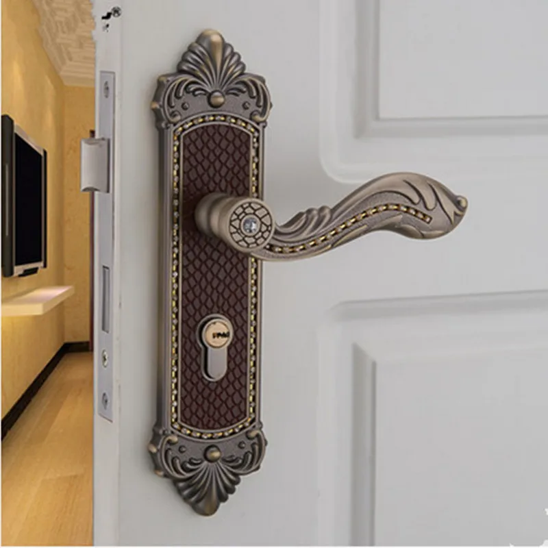 Euro style luxury crystal archaize bed room handle lock antique brass diamond wood door lock 2 latchs indoor handle lock