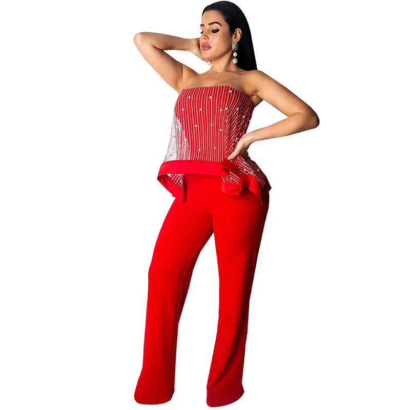 

Mesh Beading sexy Jumpsuits for Women Summer Overalls Strapless Off Shoulder Wide Leg Pants Rompers Plus Size Jumpsuits S-2XL